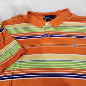 Vtg Y2K XXL Polo Ralph Lauren Colorful Orange Stripe Mens Polo Shirt **HOLE Q